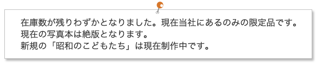 在庫数が残りわずかとなりました。現在当社にあるのみの限定品です。現在の写真本は絶版となります。新規の「昭和のこどもたち」は現在制作中です。